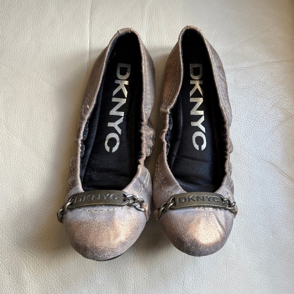 DKNYC Metallic Bronze Ballet Flats with Logo Chain Detail - Picture 1 of 8